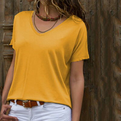 

Nomeni Women Fashion Solid Loose V-Neck Short Sleeve Casual Top Blouse T-Shirt