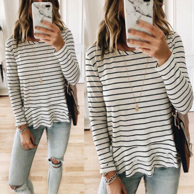 

Autumn Womens T-shirts Striped Tops Round Neck Long Sleeve Casual Loose Blouses