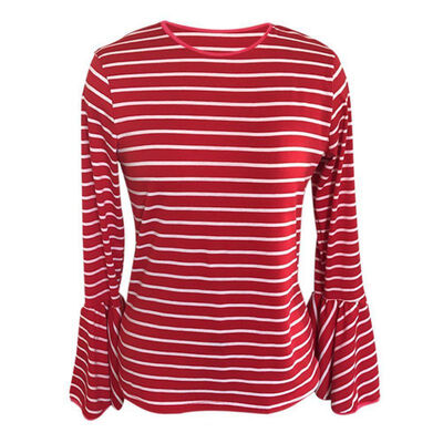 

WEIXINBUY Spring Autumn Ladies Long Petal Sleeve T-shirt Women Red White Striped Round Neck T shirt Casual Tops