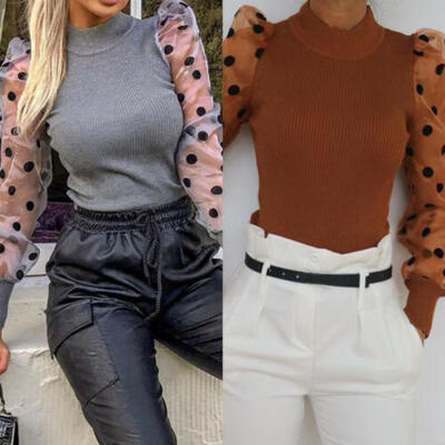 

Women Sheer Mesh See-through Blouse Polka Dot Puff Long Sleeve Shirt Tops Shirts