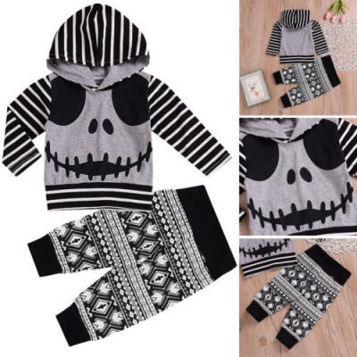 

2PCS Set Newborn Kids Baby Boy Girl Skull Hooded Sweatshirt TopsPants Outfits