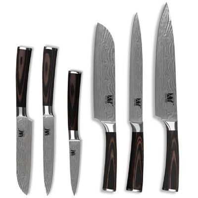 

Stainless steel dark brown color wooden handle big wave Damascus peel universal 6 piece set kitchen cutter