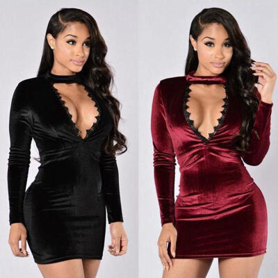 

Sexy Women Fashion Winter Choker V Neck Long Sleeve Sweater Jumper Bodycon Party Dress