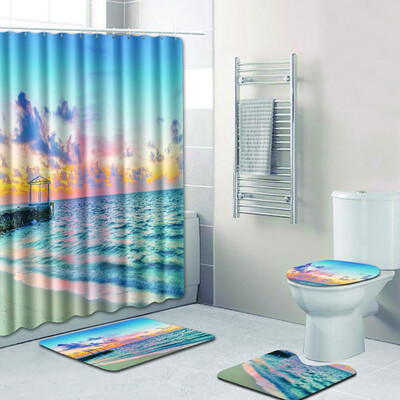 

Gobestart 4PCS Sea Style Non Slip Toilet Polyester Cover Mat Set Bathroom Shower Curtain
