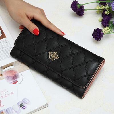 

Womens Geometric Rhomboids Purse PU Tri-fold Wallet With Crown Applique