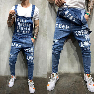 

Fashion Men Skinny Jeans Jumpsuit Simple Slim Fit Denim Bib Overalls Trousers