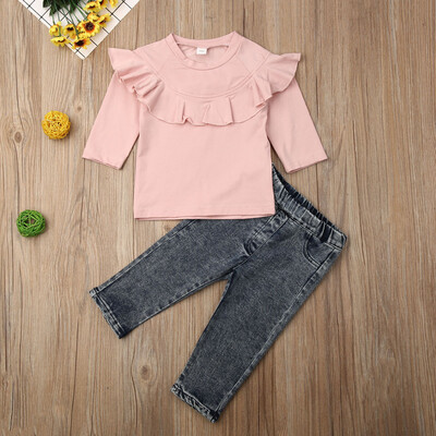 

Kids Infant Baby Girls long Sleeve Denim Trousers Autumn Outfits Clothes Sets