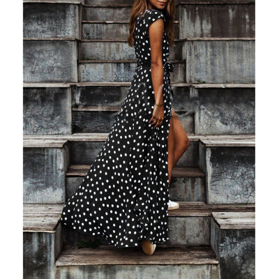 

Women Wrap Summer Boho Polka Dot Maxi Print Dress Ladies Holiday Beach Sundress