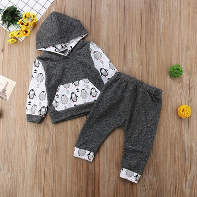 

Pattern Penguin Baby Boy Girl Outfits Long Sleeve Hooded Outfit Set Newborn Kids