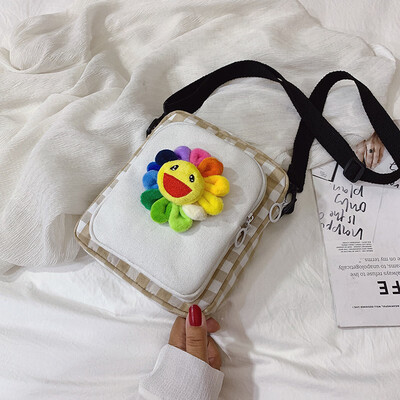 

Canvas bag girl summer ins weather day girl plaid cartoon girl single shoulder oblique satchel