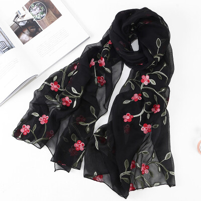 

2018 new ten miles peach chiffon flower embroidered silk scarf female travel photo sunscreen beach shawl wholesale