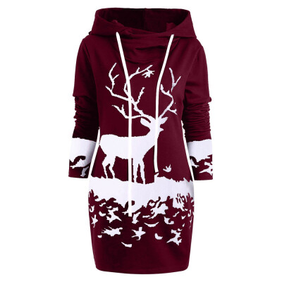 

Gobestart Womens Christmas Monochrome Reindeer Printed Hooded Drawstring Mini Dress