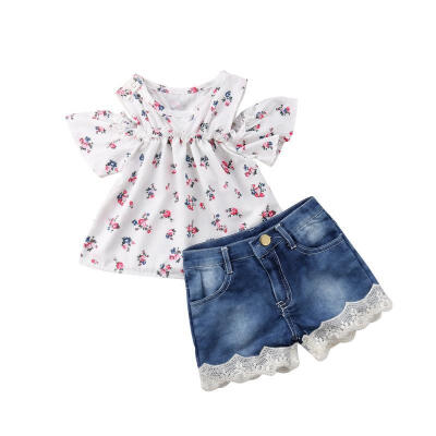 

Toddler Kid Baby Girls Off Shoulder Floral T-shirt TopsDenim Shorts Pants Outfits