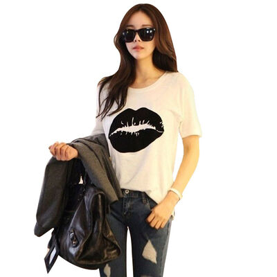 

Women Girls Big Lip Print T-shirt Summer Cartoon Loose Tee Top Clothes