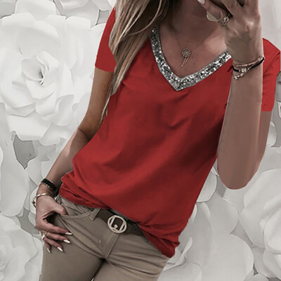 

Nomeni Fashion Women Casual Sexy Sequins Short Sleeve V-Neck Tops Casual Blouse T-Shirt