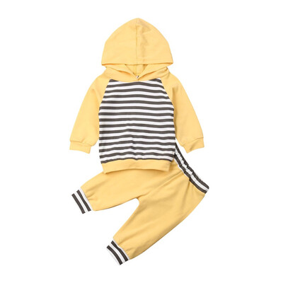 

2PCS Baby Infant Boy Girls Stripe Hooded Top Pants Kids Clothes Outfit Tracksuit