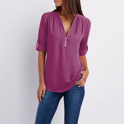 

Roseonmyhand Women Ladies Zipper Button Long Sleeves Loose Chiffon Shirt Clothing