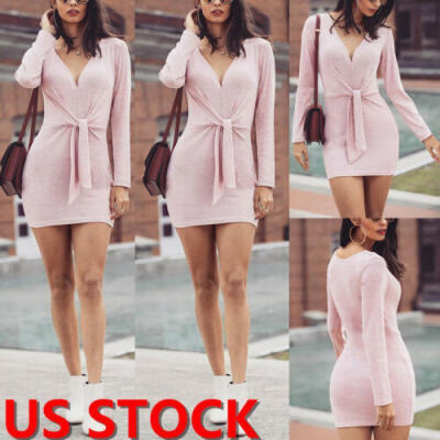 

Fashion Women Long Sleeve V Neck Bodycon Party Cocktail Mini Dress Sexy Dress US