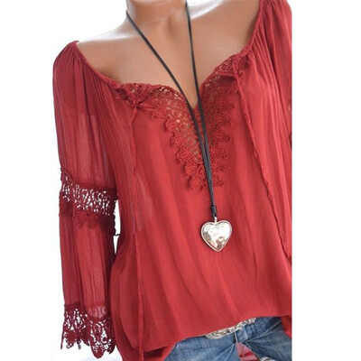 

Cotton Sexy Off Shoulder Lace Edge T-Shirt Women Flare Long Sleeve T shirt Female Casual Solid Color Tee Plus Size
