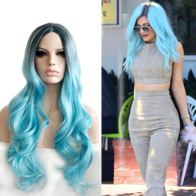 

〖Follure〗Women Blue Gradient Long Curly Synthetic Wig Full Wig Fashion Wavy Wig