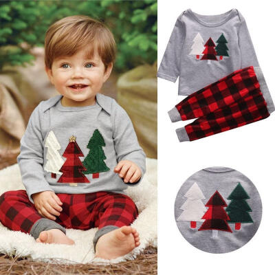 

2PCS Kids Baby Boy Long Sleeve Christmas Clothes Set T-shirtPlaid Pants Outfits Sets 1-5Y