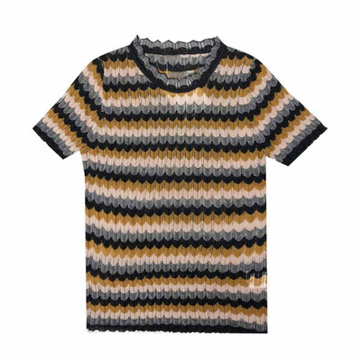 

Women Slim Striped T-shirt Retro Breathable Ice Silk Sweater Short-Sleeved T-shirt