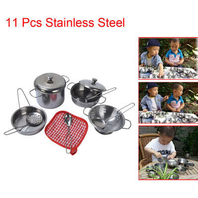 

11Pcs Stainless Steel Pots Pans Cookware Miniature Toy Pretend Play Gift For Kid