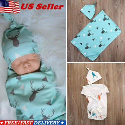 

Newborn Baby Boy Cotton Swaddle Blanket Sleeping Swaddle Muslin Wrap Hat Lovely