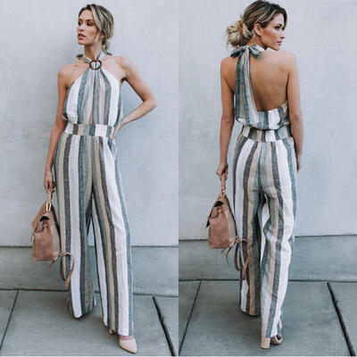 

UK Women&39s Sexy Backless Off Shoulder Stripe Wide Leg Jumpsuit Romper Long Pants