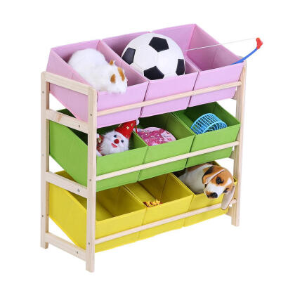 

3-tier Baby Kids Toy Wooden Shelf Storage Rack Organizer Holder 9 Fabric Boxes Cases Toy Storage Shelf Toy Organizer Rack