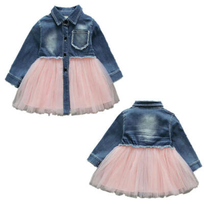 

Summer Toddler Kids Baby Girl ShortLong Sleeve Denim Tulle Party Dress Clothes