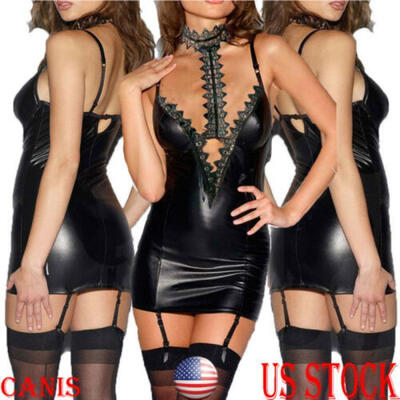 

Fashion Women Sexy Lingerie Babydoll Sleepwear Underwear Black Leather Dress