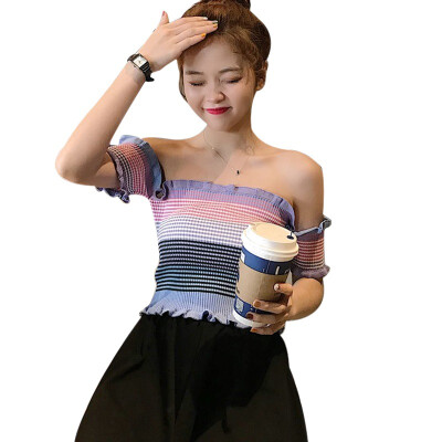 

Womens Slash Neck Striped Short Sleeve Knitted Ruffles Crop Top