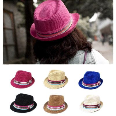 

New Fashion Women Straw Hat Colorful Stripe Fedora Hat Sun Beach Hat Panama Hat Cap