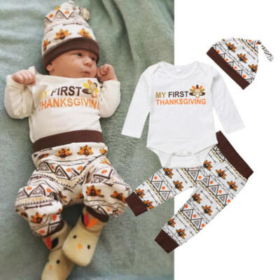 

USA Turkey Thanksgiving Infant Baby Boy Girl Romper Pants Hat Clothes Outfit Set