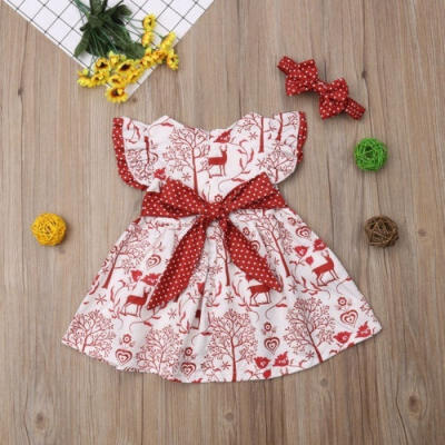 

Christmas Baby Girl Ruffles Sleeve Princess Dress Headband Bowknot Pageant Party Dresses