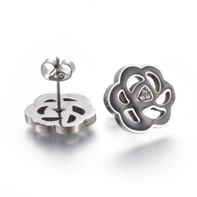 

304 Stainless Steel Stud Earrings with Enamel&Rhinestone Flower Black Stainless Steel Color 16x14mm Pin 08mm 6pairsc