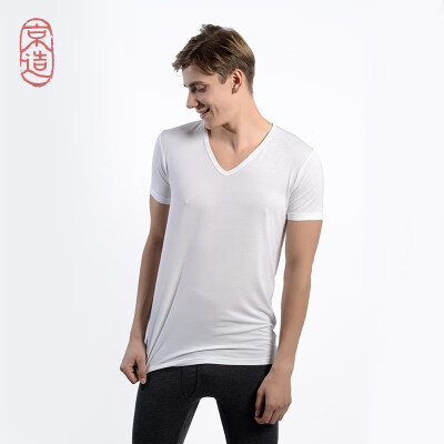 

JZAO mens thermal underwear heating fiber thin section Slim short-sleeved T-shirt white V-neck S code