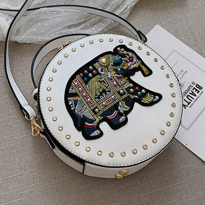 

Diamond small round bag 2019 new summer Joker Korean elephant embroidery rivet Messenger bag shoulder bag