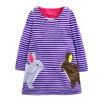 

Toddler Girls Stripe Cartoon Rabbit Embroidery Dress Kids Thicken Clothing