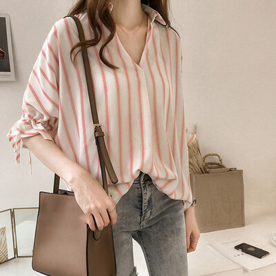 

Women Casual Stripe V Neck 34 Sleeve Blouse Loose Top Ladies Office Work Shirt