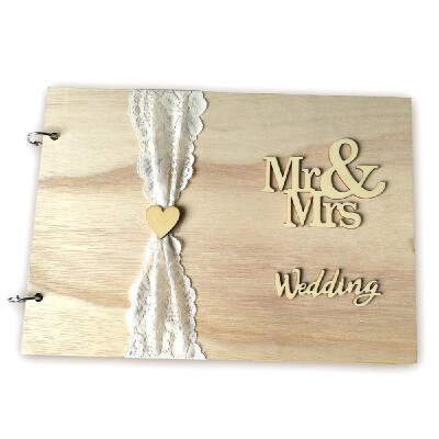 

Handmade Mr & Mrs Love Wedding Guest Book Wooden DIY Signature Sign-in Book with Ribbon Decoration Bridal Engagement Present