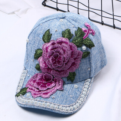 

Taobao Korean Hat Womens flower stick drill embroidery cap summer sun hat baseball cap all kinds of bent brim hat trend