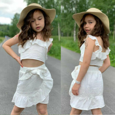 

US Infant Baby Girls Summer Sling Fly-Sleeve Crop Top Skirt Cotton Dress Clothes