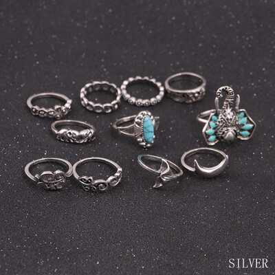 

Antique Silver Plated Vintage Bohemian Turkish Ring Set Turquoise Ring Knuckle Rings Women Jewelry