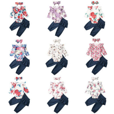 

UK Infant Newborn Baby Girl 3pcs Clothes Romper Tops Floral Pants Outfits Set