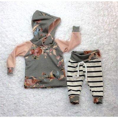 

Newborn Baby Girls Floral Hooded Tops Striped Pants Leggings Outfits Clothes Set