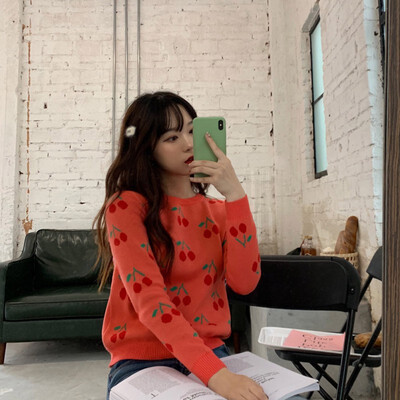 

womens sweater Autumn Winter Vintage Cherry Knitted Sweaters Pullover Female O-Neck Slim Kawaii Jumper Pull Femme Knitwear