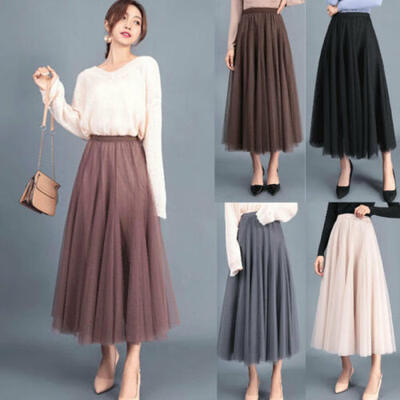 

Women High Waist Pleated Tulle Tutu Dress Lady Evening Beach Long Maxi Skirts