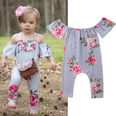 

Newborn Baby Girl Off-shoulder Stripe Romper Bodysuit Jumpsuit Outfits Clothes